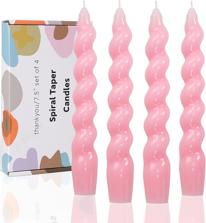 LPUSA Pink Spiral Taper Dinner Candles Conical Stick Candles Wax Unscented Dinner Candle Dripless for Home Decor, Relaxation Set of 4（7.6" Baby Pink） - Image 1